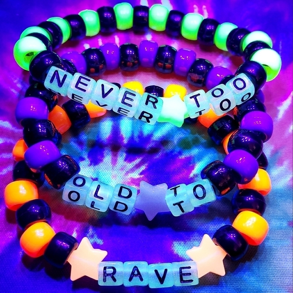 Never Too Old To Rave Glow in the dark UV kandi Bracelet Set